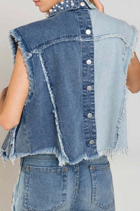 Pearl raw hem sleeveless denim jacket by Trendsi, featuring classic blue denim with pearl accents and a casual sleeveless design.