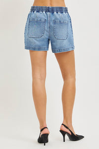 RISEN elastic band slouchy denim shorts by Trendsi featuring star patched details and a relaxed fit.