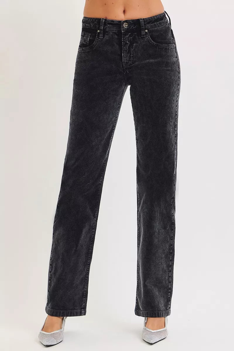 Dark midnight blue Risen Tummy Control Mid Rise Straight Leg Corduroy Pants from Trendsi, featuring a comfortable fit and classic style.