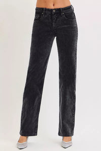 Dark midnight blue Risen Tummy Control Mid Rise Straight Leg Corduroy Pants from Trendsi, featuring a comfortable fit and classic style.