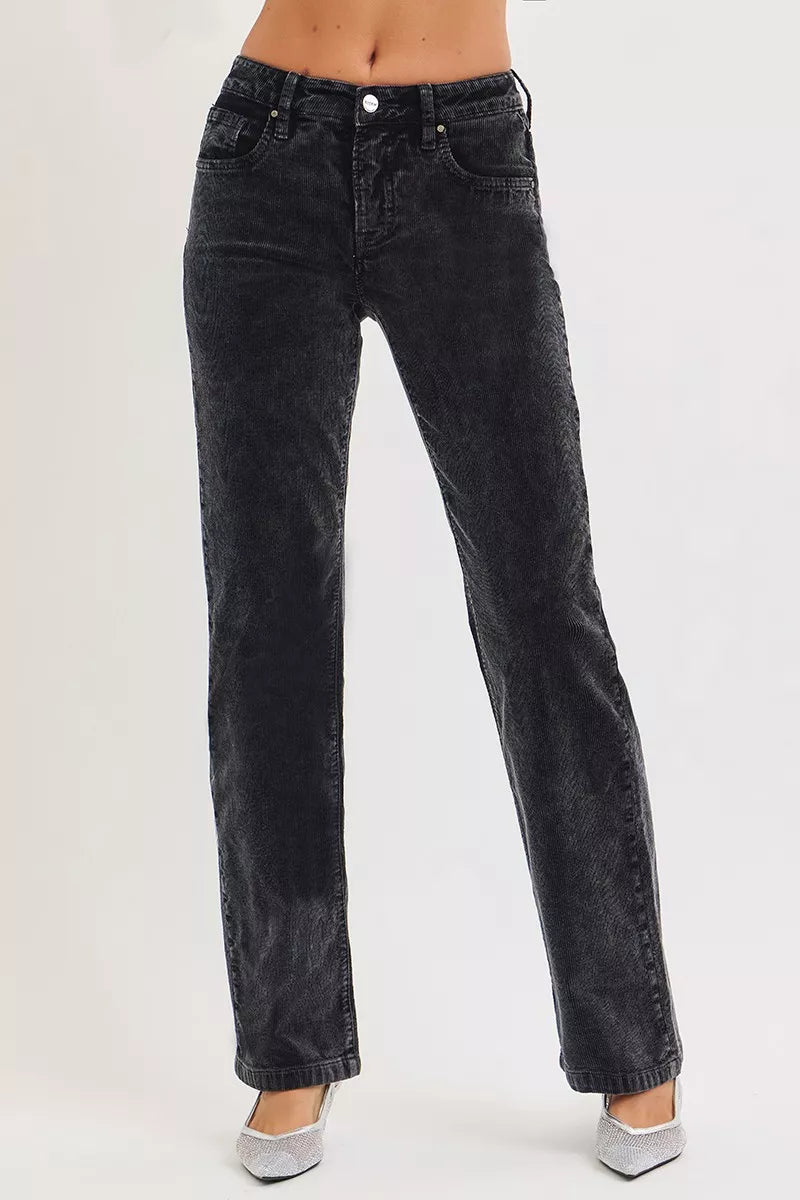 Trendsi Risen Tummy Control Mid Rise Straight Leg Corduroy Pants in midnight blue, showing the fit and fabric texture.