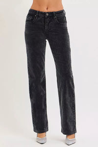 Mid-rise Risen corduroy pants with tummy control, straight-leg fit in midnight color, from Trendsi.