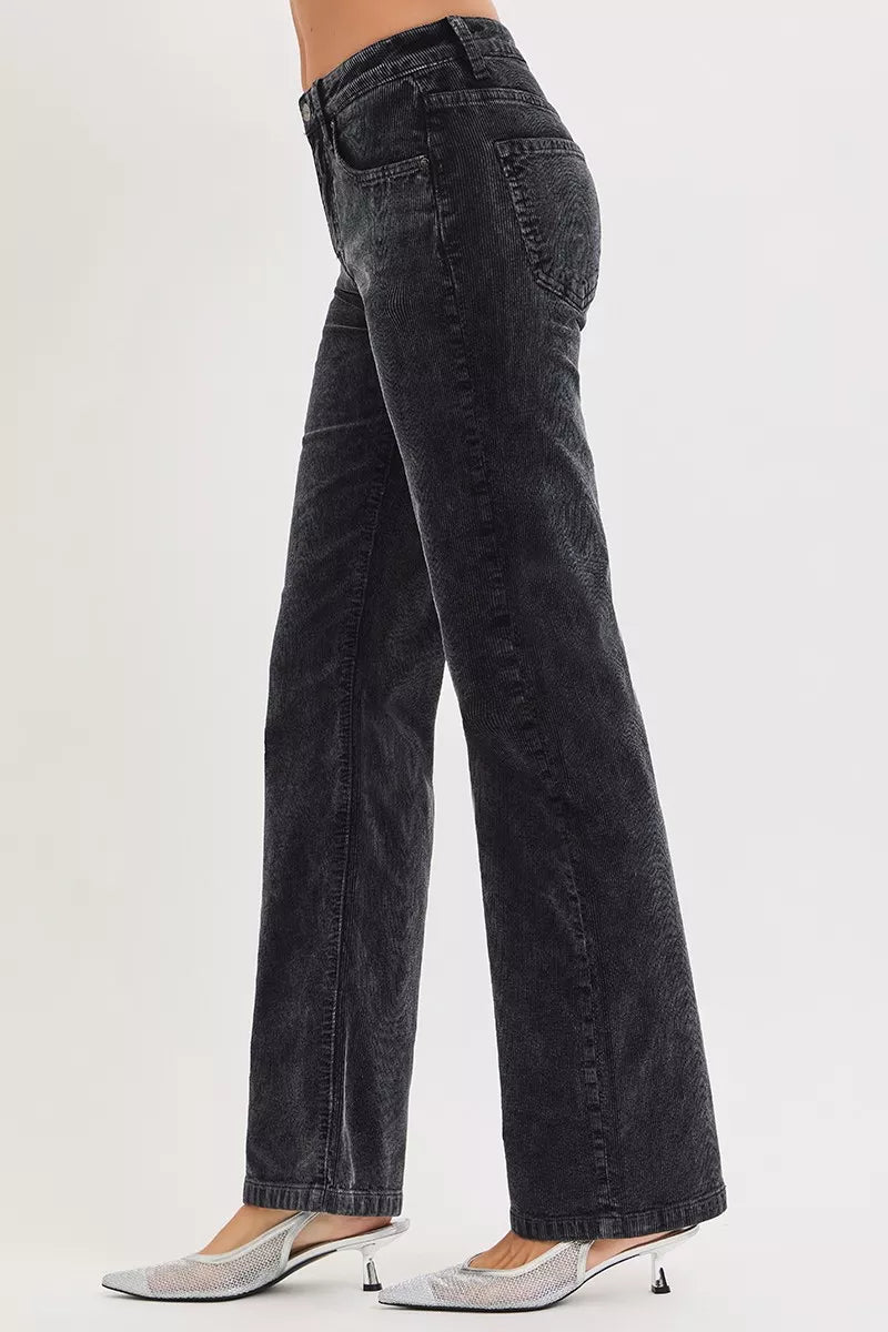 Risen Tummy Control Mid Rise Straight Leg Corduroy Pants in midnight blue, stylish women's pants with comfortable fit and classic design.