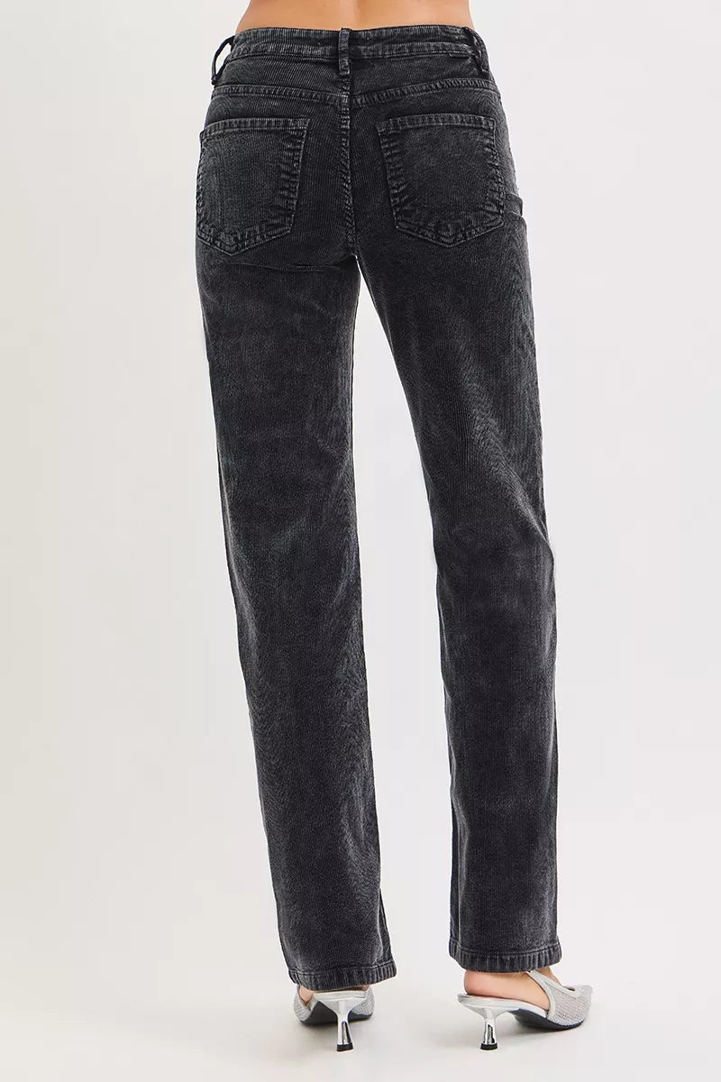 Black Risen Tummy Control Mid Rise Straight Leg Corduroy Pants by Trendsi, showcasing the fit and textured fabric.