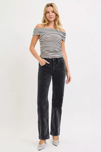 Mid-rise Risen corduroy pants with tummy control and straight-leg fit in midnight color, shown on a model.