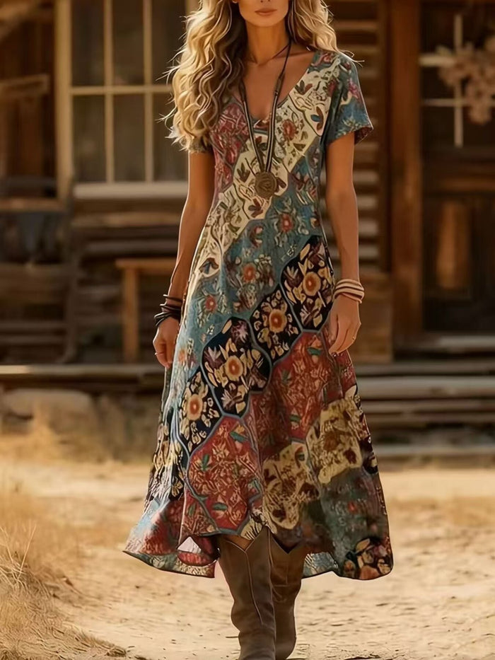 Multicolor printed V-neck short sleeve midi dress by Trendsi, featuring a stylish design and comfortable fit.