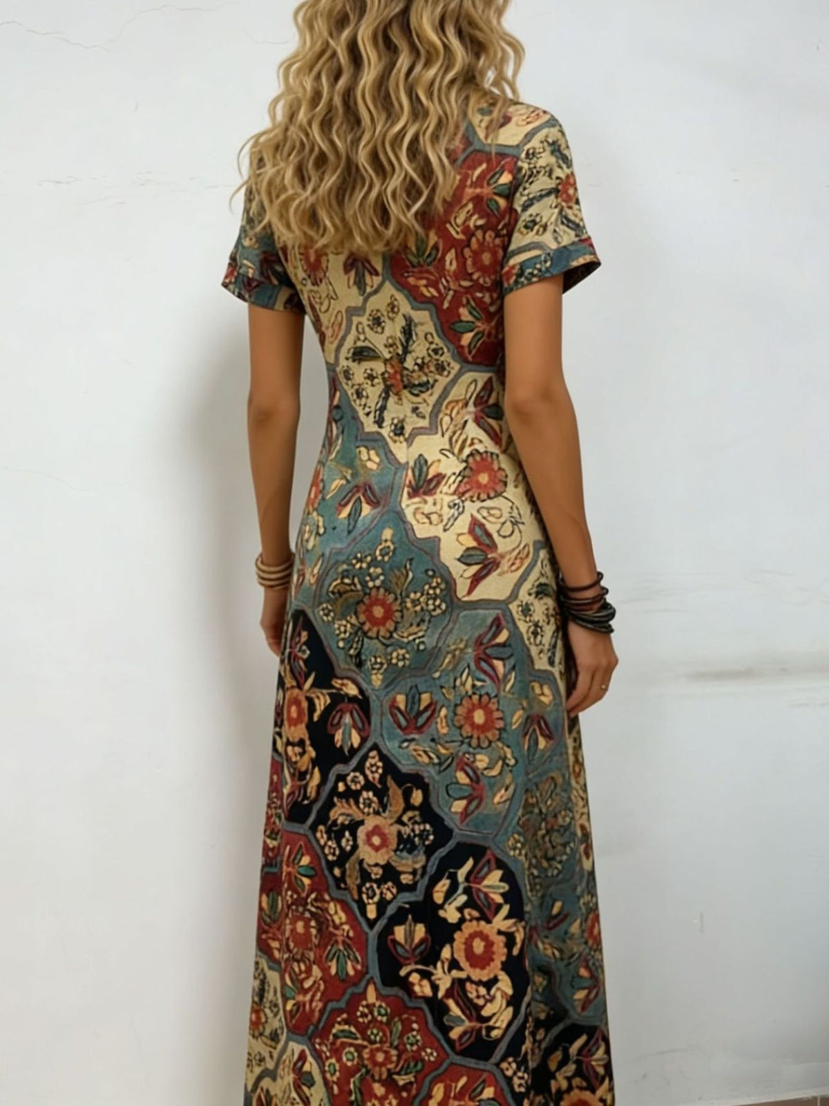 Multicolor printed V-neck short sleeve midi dress by Trendsi, featuring a stylish and comfortable design.