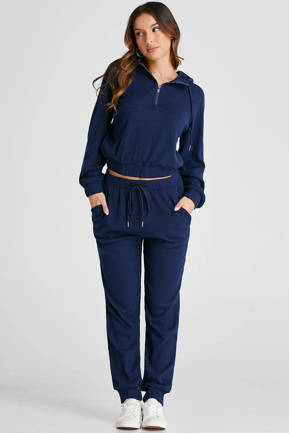 Trendsi drawstring half zip hoodie and matching joggers active set, soft fabric, casual athletic wear, front zip, comfortable fit