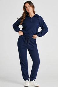 Trendsi drawstring half zip hoodie and matching joggers active set, soft fabric, casual athletic wear, black color, front zipper details