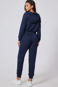 Trendsi drawstring half zip hoodie and matching joggers active set, black with ribbed cuffs and comfortable fit, casual athletic wear.