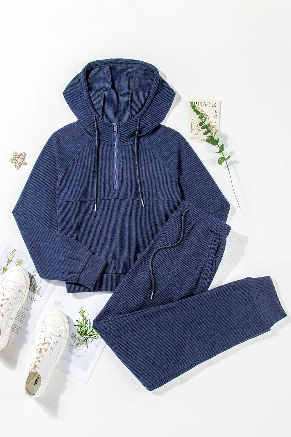 Trendsi drawstring half zip hoodie and matching joggers active set, comfortable athleticwear for casual or workout wear.