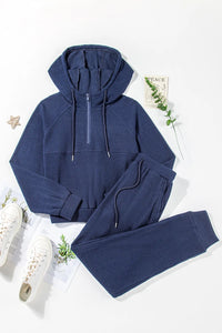 Trendsi drawstring half zip hoodie and matching joggers active set, comfortable athleticwear for casual or workout wear.