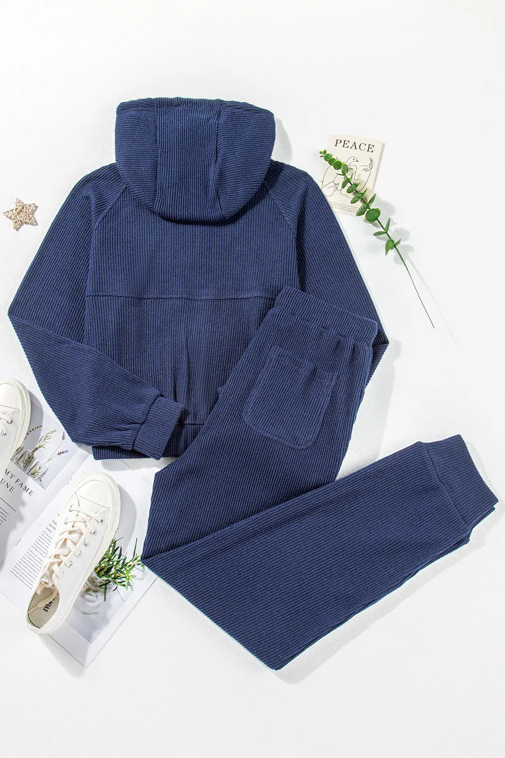 Trendsi drawstring half zip hoodie and matching joggers active set, black fabric, front zip detail, casual sporty style.