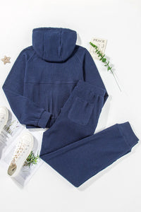 Trendsi drawstring half zip hoodie and matching joggers active set, black fabric, front zip detail, casual sporty style.