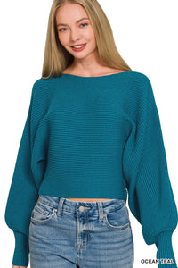 Ocean teal Zenana boat neck balloon sleeve sweater with relaxed fit and soft knit fabric, stylish and comfortable for casual wear.