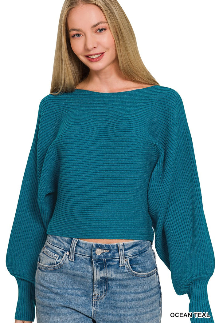 Ocean teal Zenana boat neck balloon sleeve sweater with relaxed fit and soft knit fabric, stylish and comfortable for casual wear.