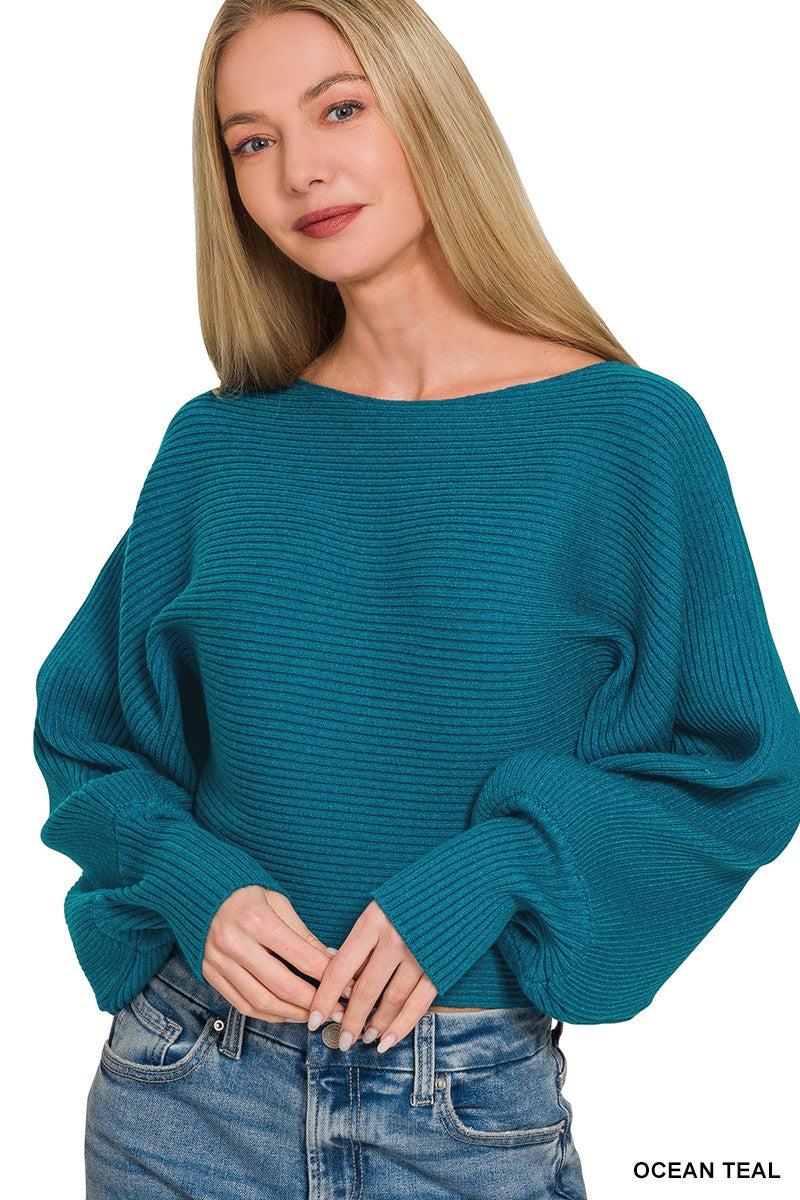 Ocean teal Zenana boat neck balloon sleeve sweater with a relaxed fit, stylish design, and soft knit fabric.