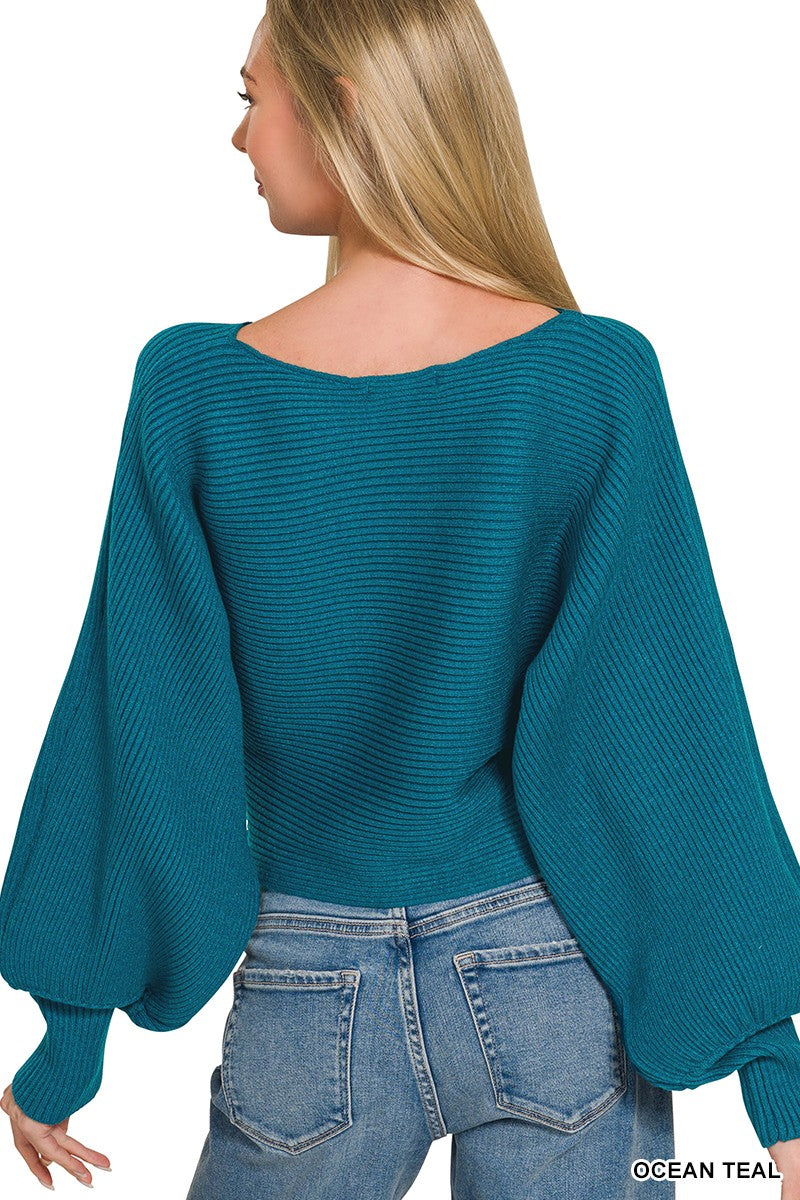 Ocean teal Zenana boat neck balloon sleeve sweater with relaxed fit and cozy knit, styled for casual wear.