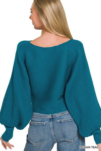 Ocean teal Zenana boat neck balloon sleeve sweater with relaxed fit and cozy knit, styled for casual wear.