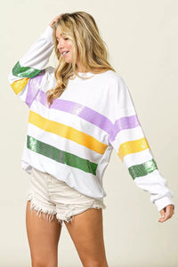 Sequin Mardi Gras striped round neck sweatshirt in vibrant colors, casual fit, by Trendsi, with a comfortable, stylish design.