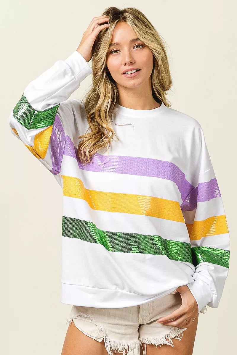 BiBi Sequin Mardi Gras striped round neck sweatshirt in vibrant colors, featuring sequin embellishments and a comfortable fit.
