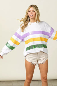 Sequin Mardi Gras striped round neck sweatshirt by Trendsi featuring colorful sequins and festive pattern on soft fabric.