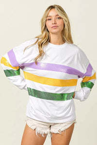 BiBi Sequin Mardi Gras striped round neck sweatshirt by Trendsi featuring colorful sequin stripes and a casual fit.