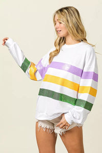 BiBi Sequin Mardi Gras striped round neck sweatshirt by Trendsi, featuring colorful sequin stripes and a casual fit.