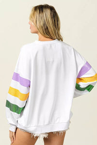 BiBi Sequin Mardi Gras striped round neck sweatshirt by Trendsi featuring colorful sequins and a casual fit.
