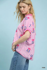 Boho blouse by Umgee featuring vertical stripes, embroidered details, and button-front design, perfect for casual and bohemian styles.