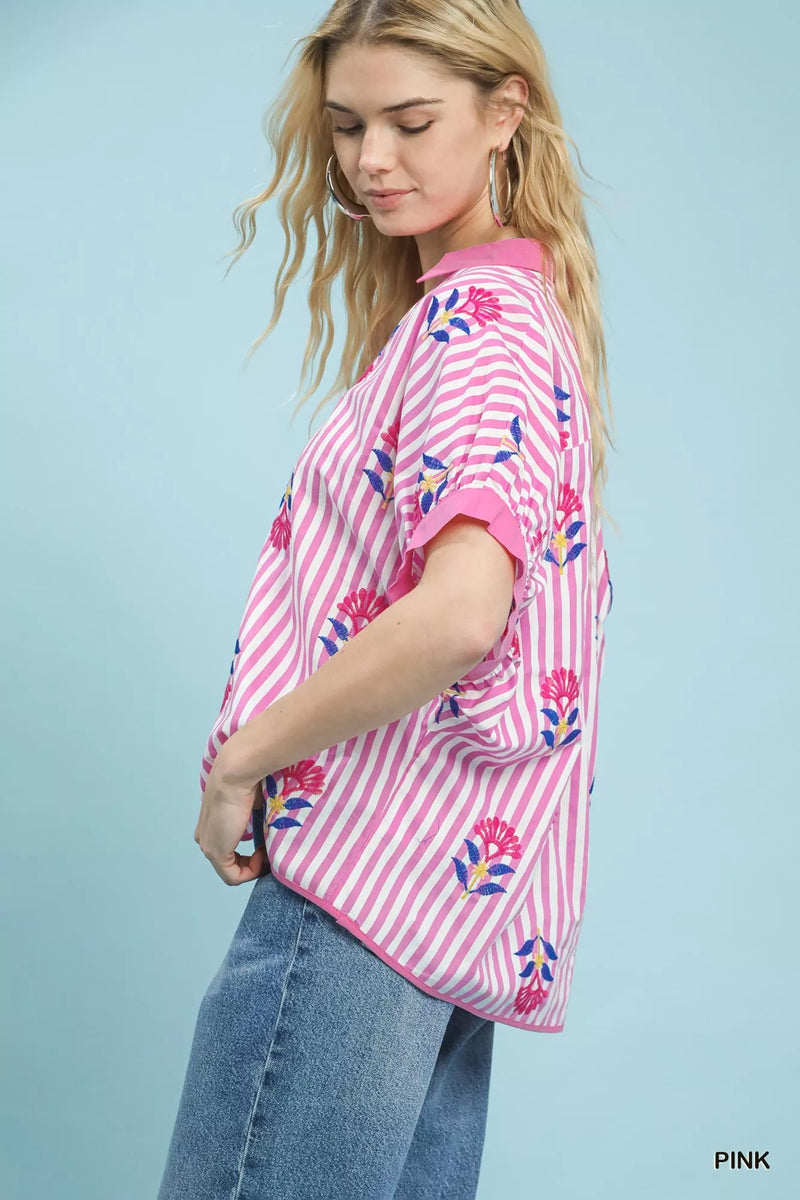 Boho blouse by Umgee featuring vertical stripes, embroidered details, and button-front design, perfect for casual and bohemian styles.