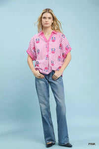 Umgee stripe embroidered button-front boho blouse with relaxed fit and detailed embroidery, perfect for casual and bohemian styles.