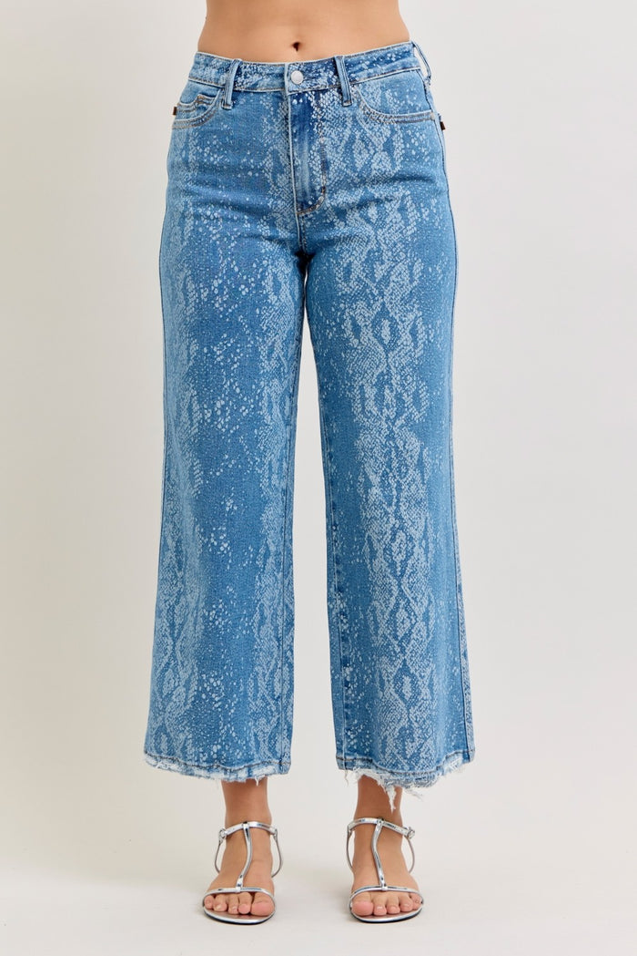 Light blue Judy Blue high-rise ankle wide-leg jeans with distressed details and classic five-pocket design.