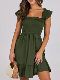 Sage green smocked ruffle hem mini dress by Trendsi, featuring a fitted bodice and playful ruffle details at the hem.