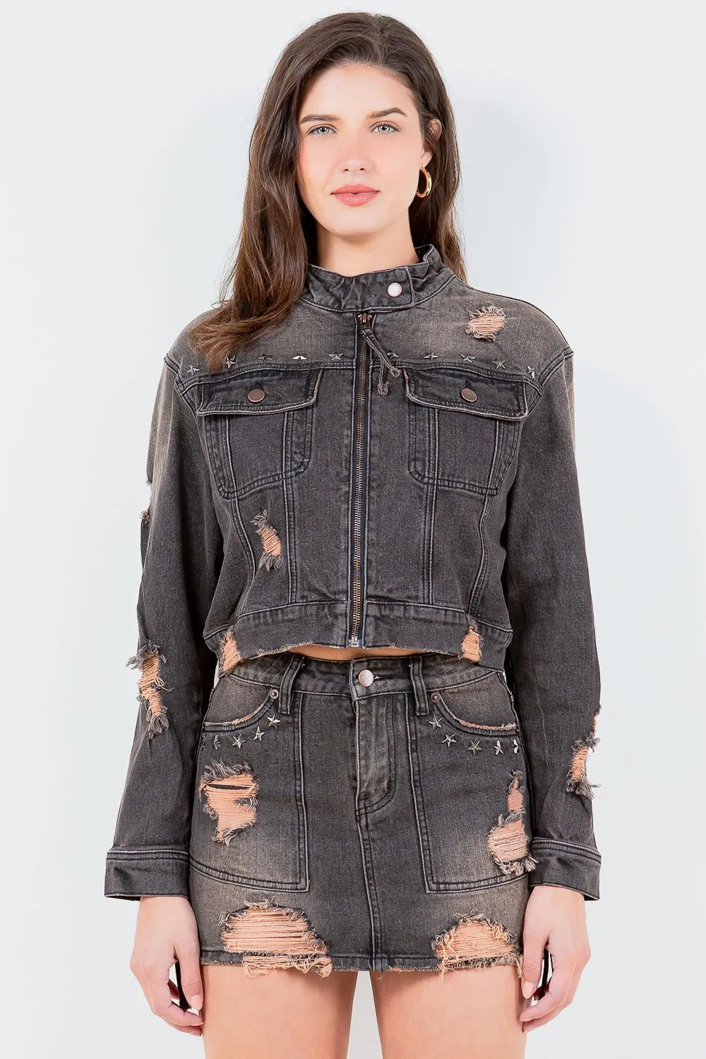 Plus size American Bazi distressed denim rider jacket with star stud trim, featuring full-size fit and trendy design.