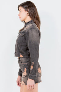 Full-size distressed denim rider jacket with star stud trim, plus size American Bazi jacket by Trendsi, featuring a stylish, rugged look.