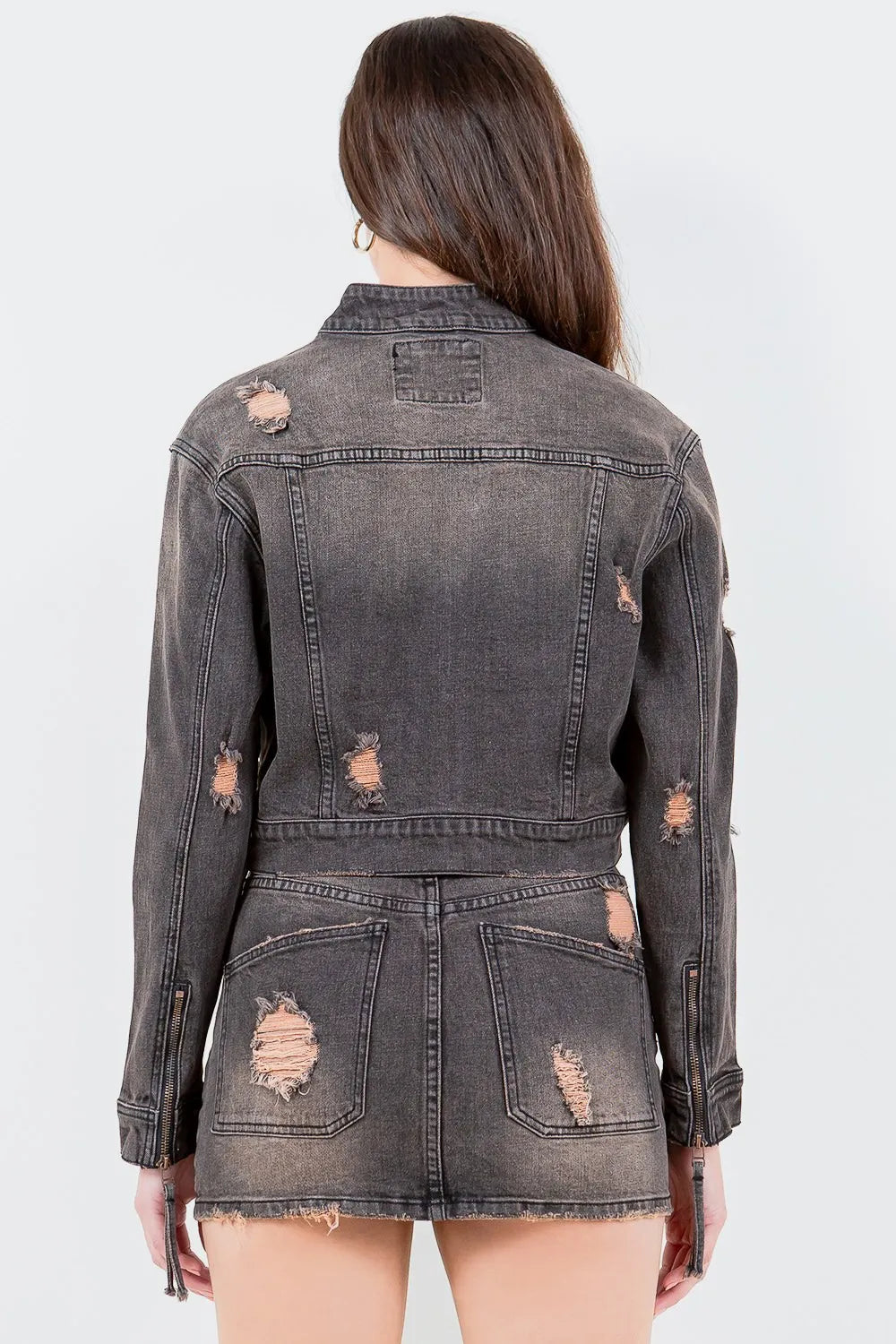 Plus size American Bazi distressed star stud denim rider jacket with full-length sleeves and front pockets, trendy and edgy.