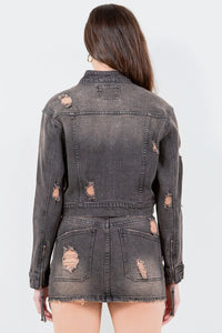 Plus size American Bazi distressed star stud denim rider jacket with full-length sleeves and front pockets, trendy and edgy.