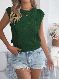 White cable knit cap sleeve sweater by Trendsi, featuring a cozy, textured knit pattern and classic fit.
