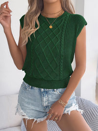 White cable knit cap sleeve sweater by Trendsi, featuring a cozy, textured knit design and a stylish cap sleeve silhouette.