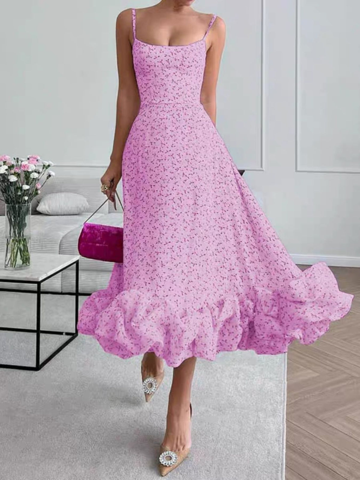 Floral print ruffle hem spaghetti strap midi dress from Trendsi, featuring a feminine floral pattern and flowy ruffle details.