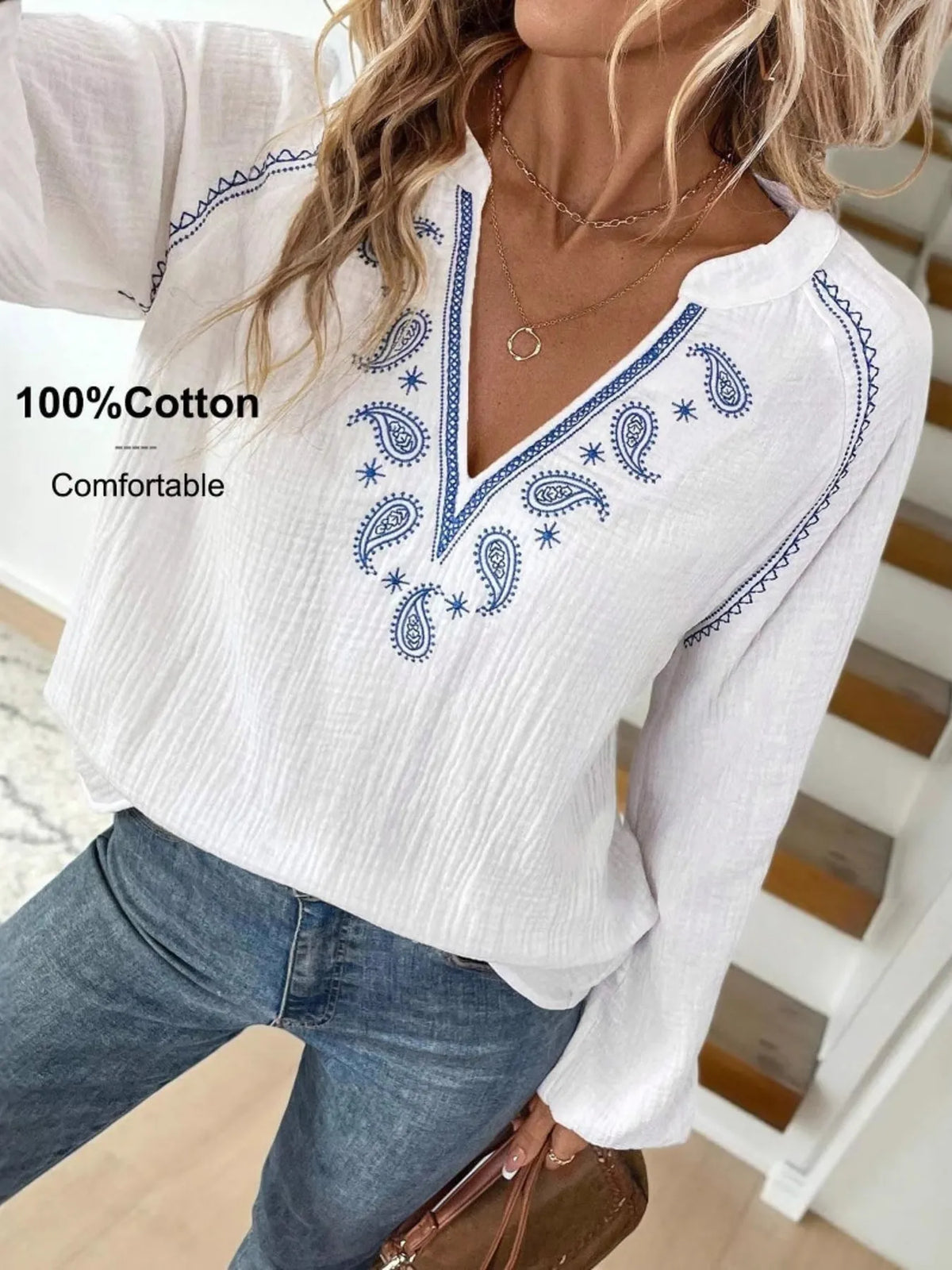 Paisley pattern long sleeve blouse with notched collar by Trendsi, featuring a stylish and feminine design.