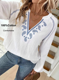 Paisley pattern long sleeve blouse with notched collar by Trendsi, featuring a stylish and feminine design.