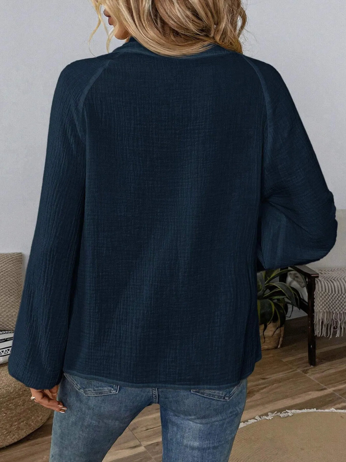 Paisley pattern notched long sleeve blouse from Trendsi with a stylish design and classic collar, shown on a model.
