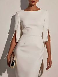White slim-fit elegant midi dress by Trendsi featuring beaded slit sleeves and a sophisticated, modern design.