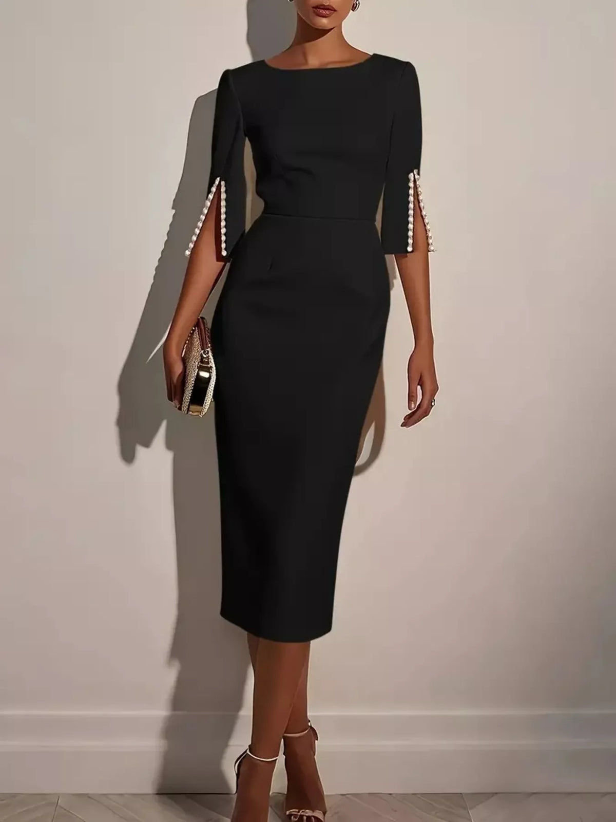 Elegant white slim-fit midi dress with beaded slit sleeves, featuring a sophisticated and stylish design by Trendsi.