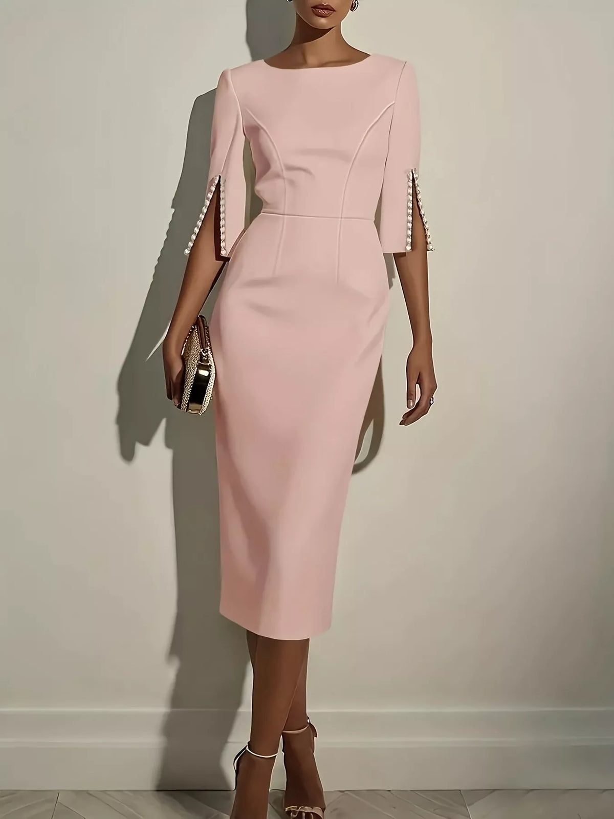 White slim-fit elegant midi dress with beaded slit sleeves, designed by Trendsi, showcasing a sophisticated and stylish look.