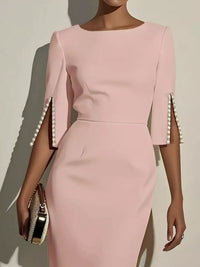 White slim-fit elegant midi dress with beaded slit sleeves, stylish and sophisticated from Trendsi.