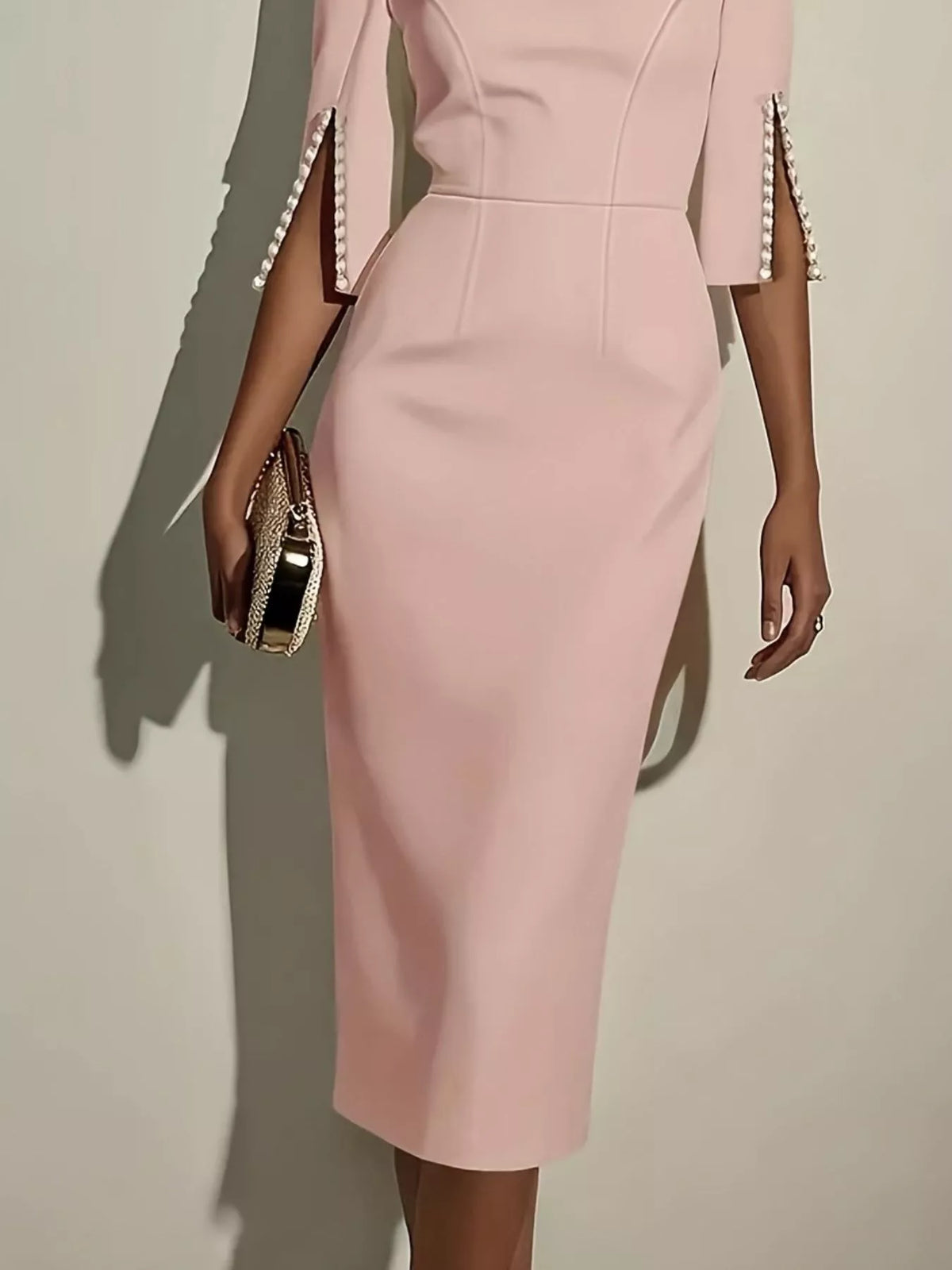 White slim-fit elegant midi dress with beaded slit sleeves, stylish and sophisticated by Trendsi.