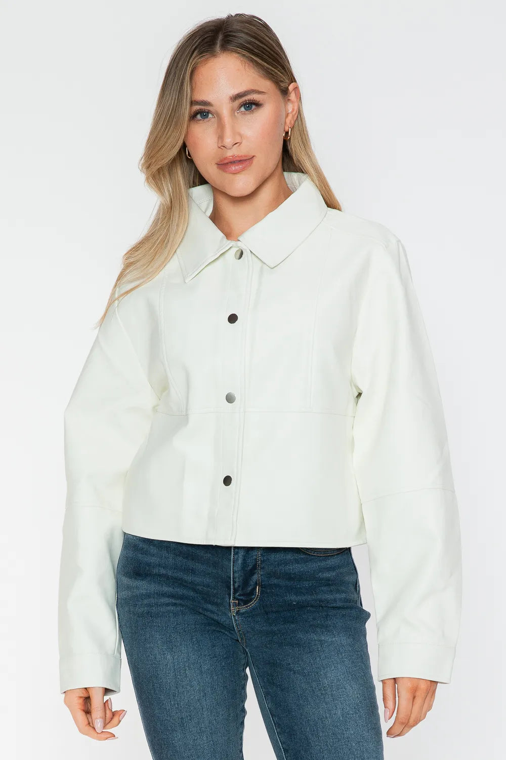White Snobbish Snap Down Long Sleeve PU Leather Jacket by Trendsi, featuring a stylish collar and fitted design.